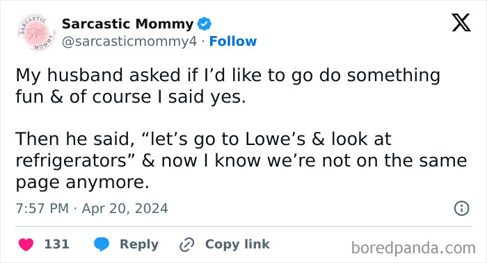 Funny tweet about realities of married life and differing ideas of fun shopping for refrigerators