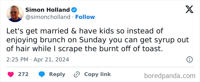 Witty tweet about married life with kids affecting weekend brunch routines