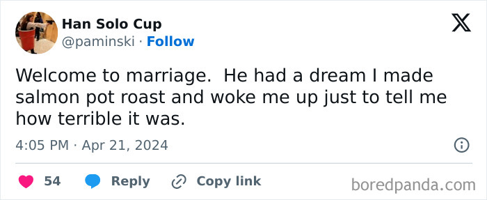 Tweet humorously describing marriage and a terrible salmon pot roast dream