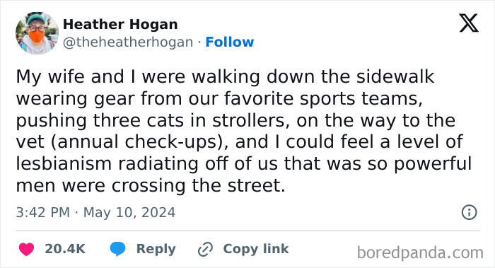 Funny married life tweet about walking with wife in sports gear pushing cats in strollers