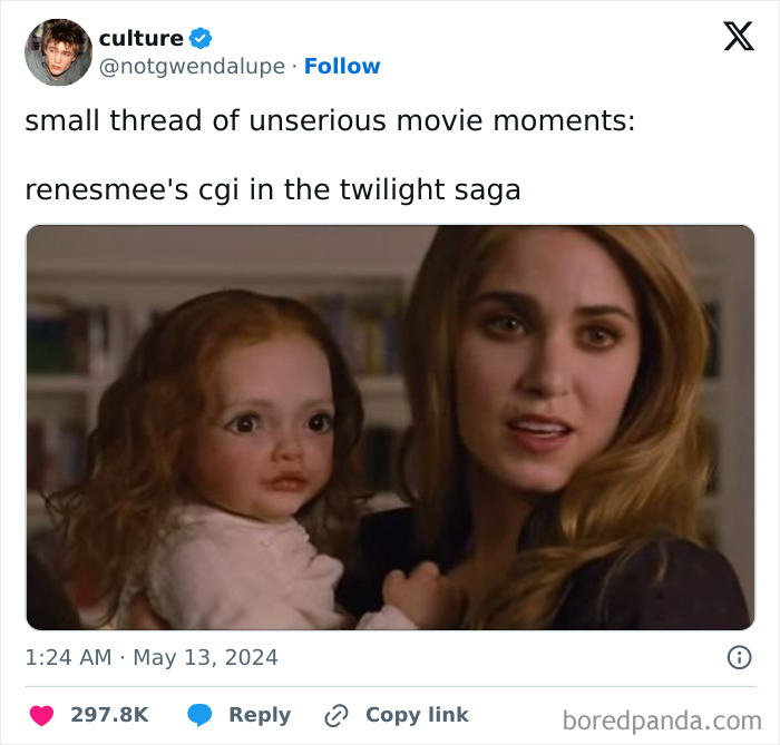 Hilarious cinephile tweet about Renesmee's CGI in the Twilight Saga, showcasing unhinged movie people.