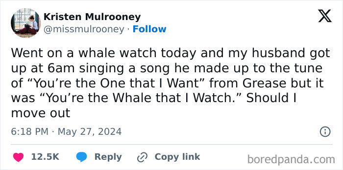 Funny tweet about husband singing whale watch song after married life reality