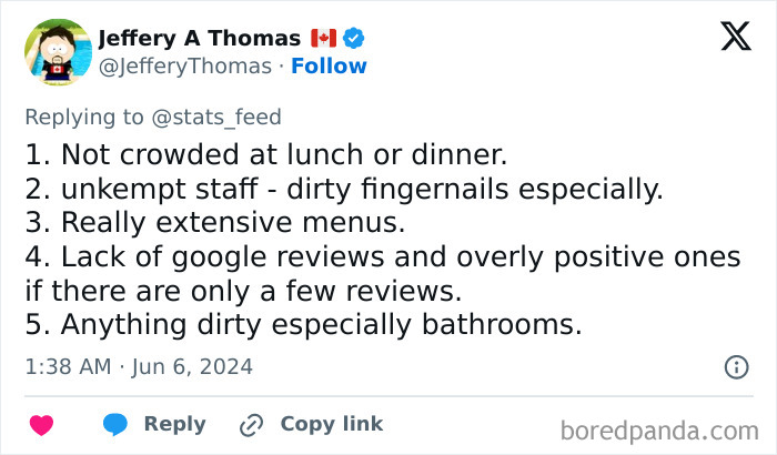 Signs of bad restaurants including unkempt staff and lack of genuine reviews