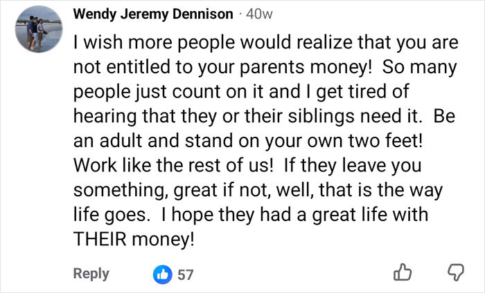 Comment on not being entitled to parents money in inheritance discussion Comment on not being entitled to parents money in inheritance discussion