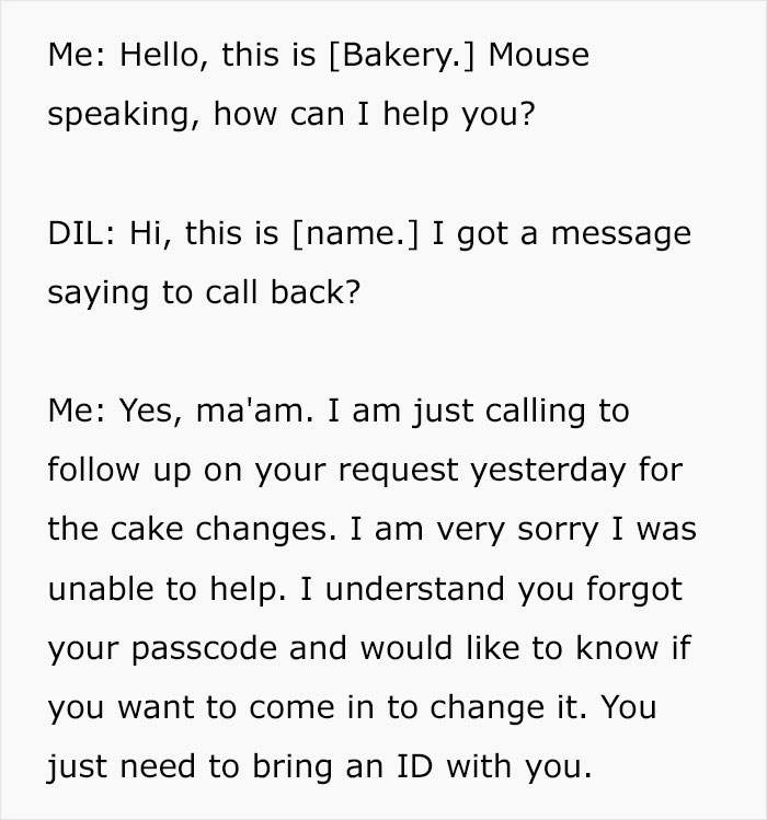 Dialogue of bakery employee following up on wedding cake change request Dialogue of bakery employee following up on wedding cake change request