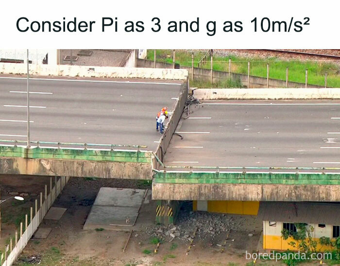 Funny math meme: A broken bridge with a large gap, resembling a math problem simplified to an extreme. This might bring math trauma back.