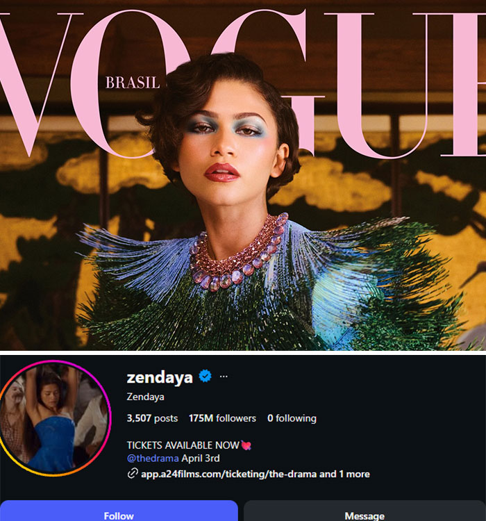 Zendaya on Vogue Brasil and her Instagram profile. She might have lost followers in the bot purge.