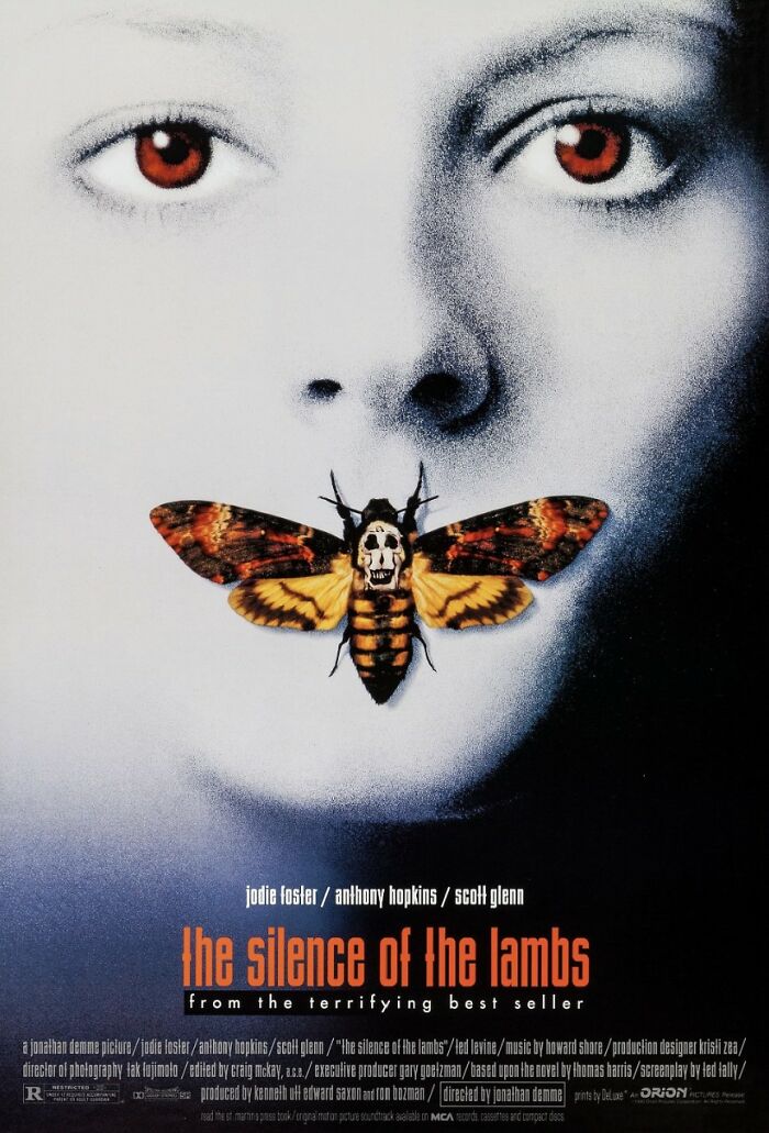 The Silence of the Lambs movie poster close-up of face with moth covering mouth