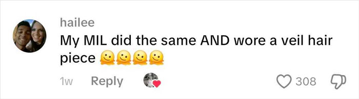 A social media comment about a MIL wearing a veil hair piece, picking the worst dress to son's wedding. A social media comment about a MIL wearing a veil hair piece, picking the worst dress to son's wedding.