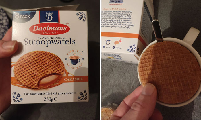 Box of Daelmans Stroopwafels with caramel filling and one stroopwafel on a mug