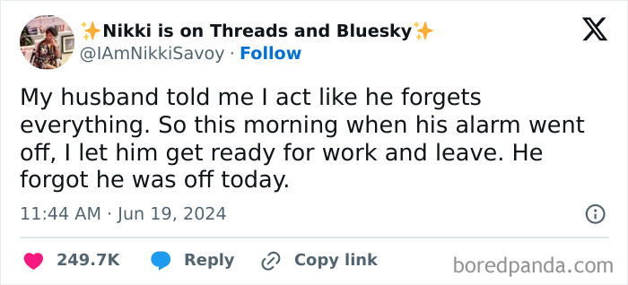 Humorous tweet about husband forgetting day off in married life realities
