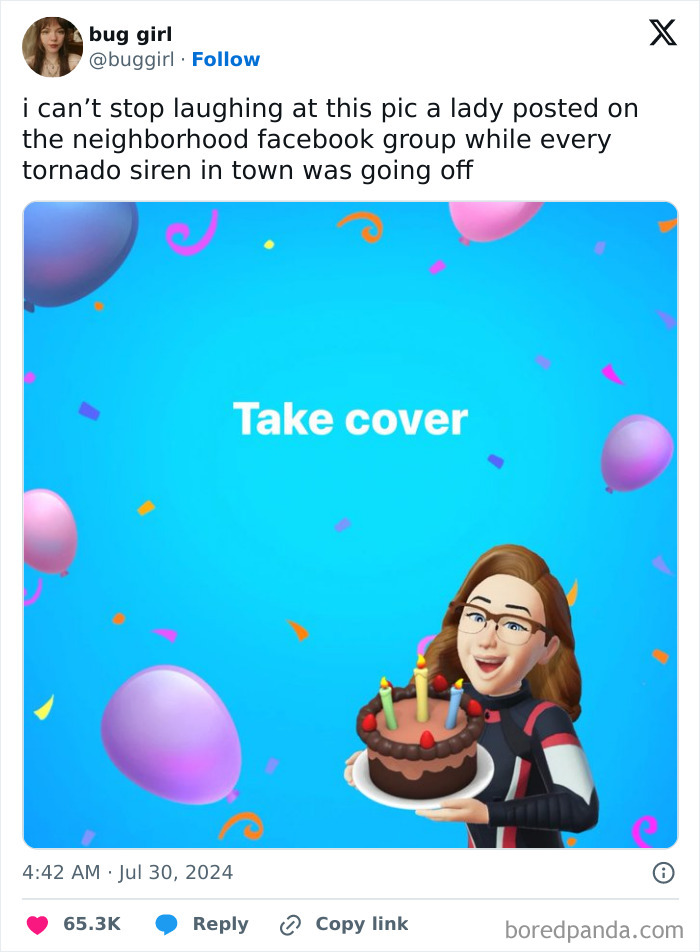 Funny birthday image posted during neighborhood tornado sirens