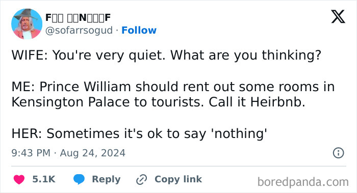 Funny tweet about married life and renting rooms in Kensington Palace called Heirbnb