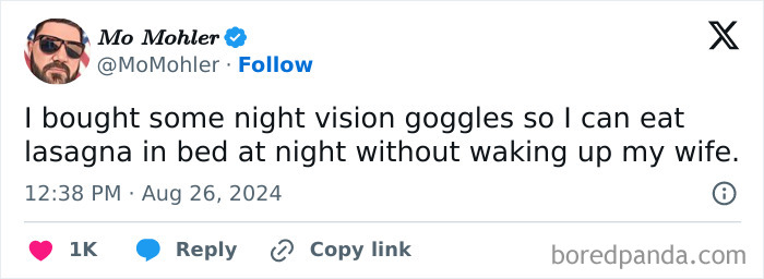 Tweet about using night vision goggles to eat lasagna in bed without waking wife