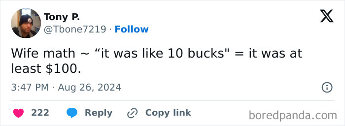 Joke tweet describing wife math exaggeration in married life