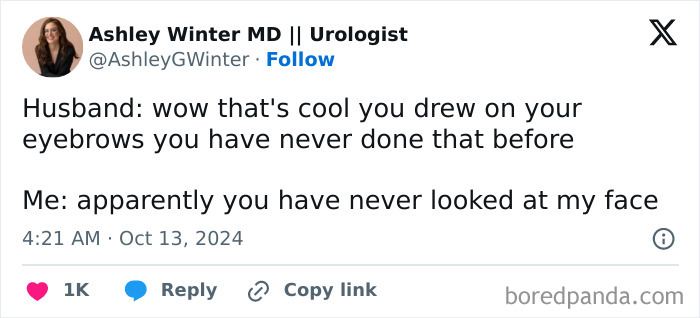 Witty tweet on a husband noticing drawn eyebrows in married life