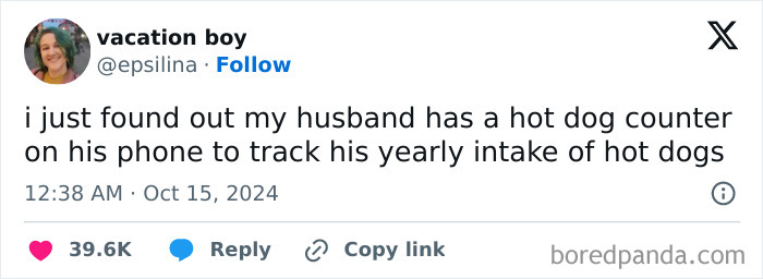Tweet on married life about husband tracking yearly hot dog intake with phone app