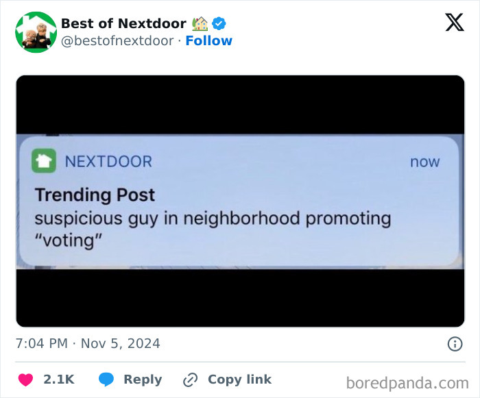 Nextdoor trending post about suspicious guy in neighborhood promoting voting
