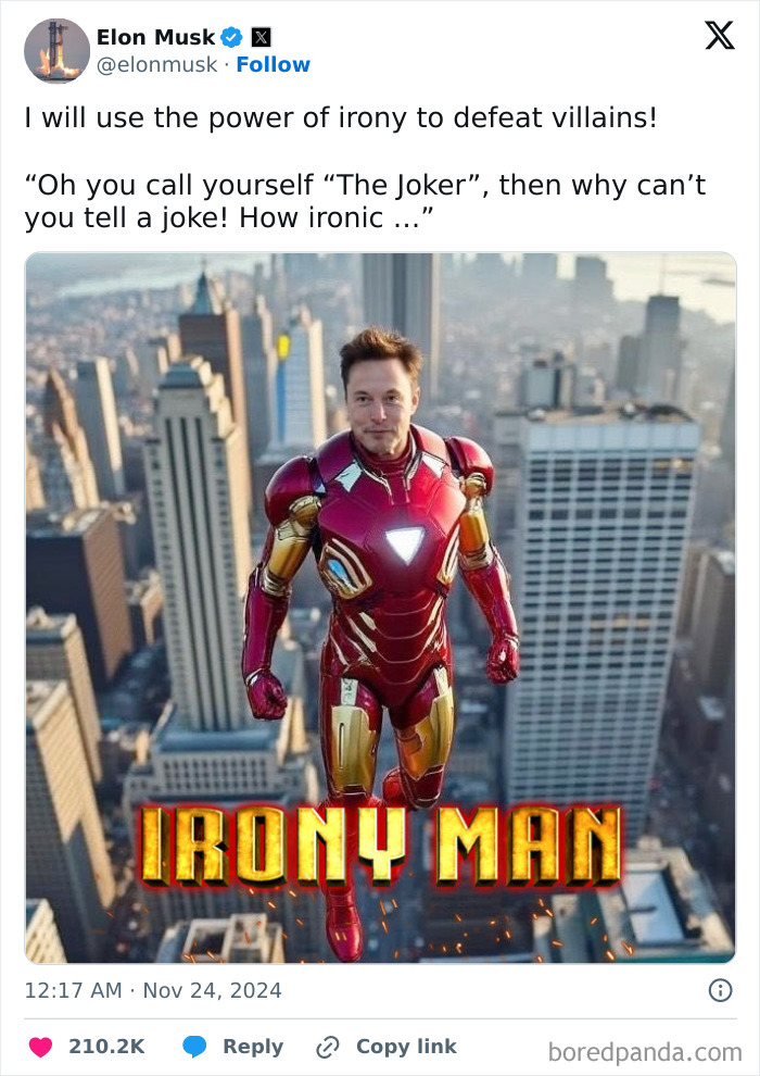 Elon Musk tweet as Iron Man humorously claiming power of irony