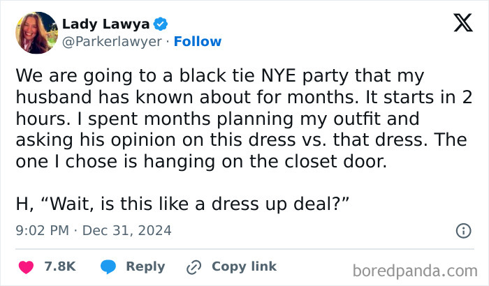 Tweet about married life on planning outfit for husband's party and dress misunderstanding