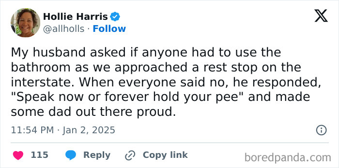 Married life tweet about a dad joke at rest stop about holding pee