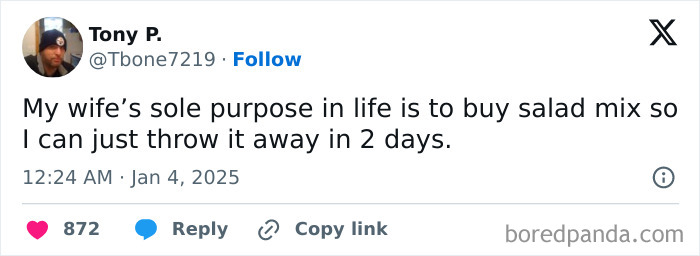 Funny married life tweet about buying salad mix to throw away in two days