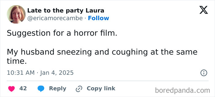 Humorous married life tweet about husband sneezing and coughing simultaneously