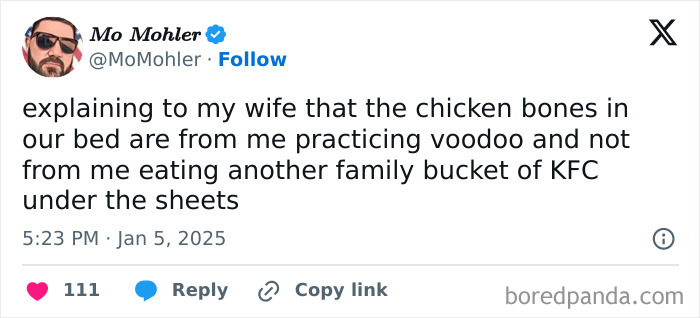 Witty married life tweet about explaining chicken bones in bed to wife
