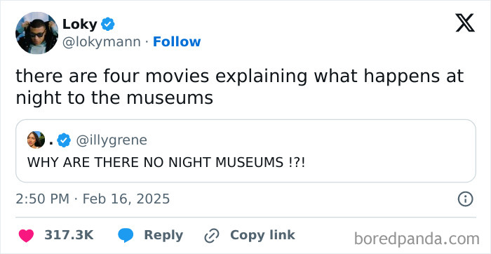 A tweet about multiple Night at the Museum movies, from a collection of hilarious cinephile tweets.