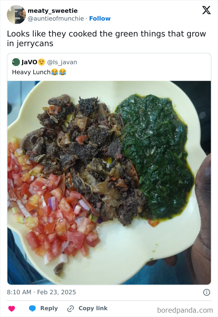 Plate with cooked greens, diced tomatoes, and dark cooked meat resembling green vegetables