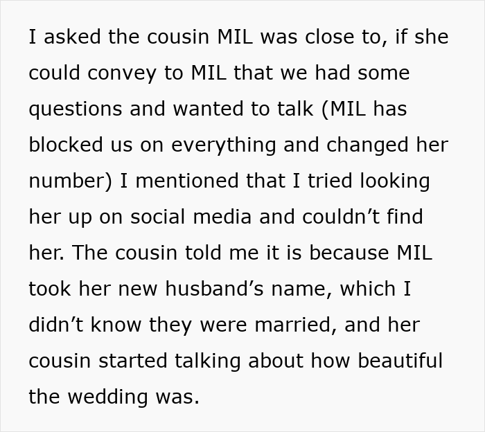 Text about asking MIL's cousin for help to communicate with blocked MIL