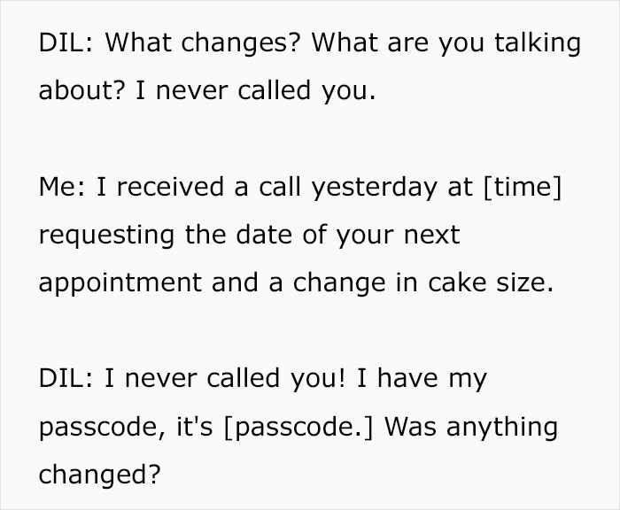 Conversation denial about wedding cake change call and passcode confirmation Conversation denial about wedding cake change call and passcode confirmation