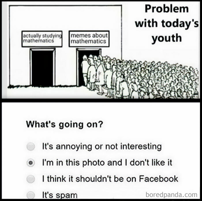 Funny math memes showing a crowd opting for memes over studying mathematics, with the caption What's going on?
