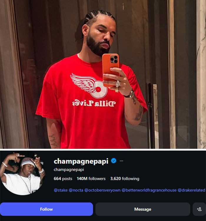Drake, a celebrity, taking a mirror selfie in a red shirt. His Instagram profile shows 140M followers, crucial for follower discussions.