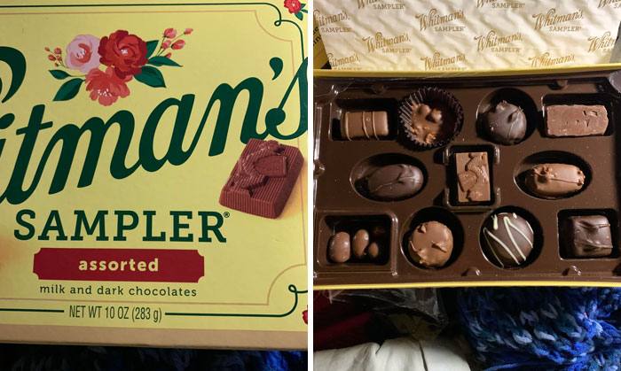 Whitman's sampler box showing assorted milk and dark chocolates