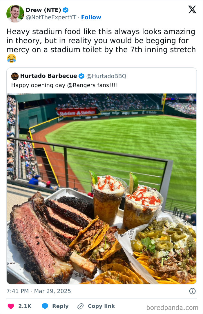 Heavy stadium food including ribs, tacos, and topped drinks at baseball game