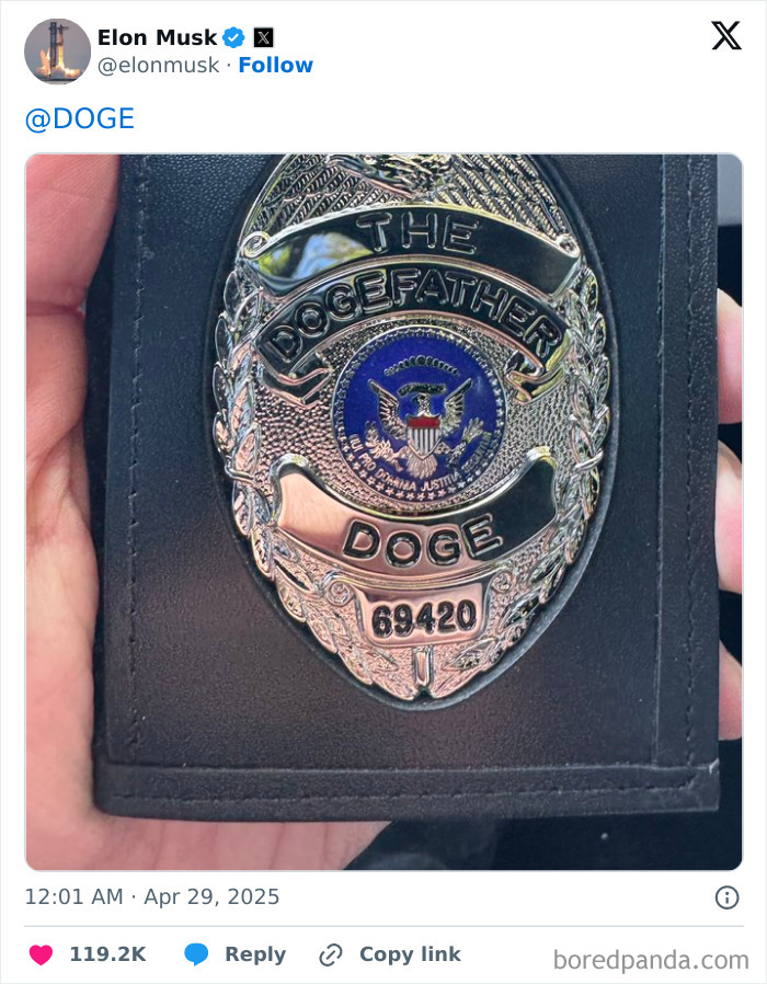 Elon Musk tweet showing Dogefather badge public embarrassment