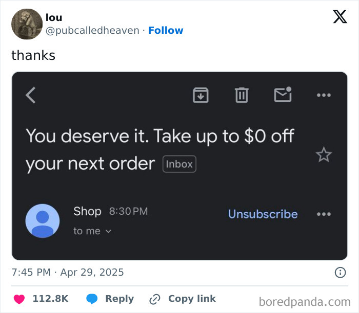 Email offering zero dollars off next order as a funny fail