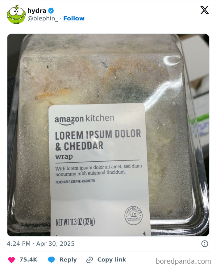Funny fail of Amazon Kitchen wrap label showing placeholder text Lorem Ipsum