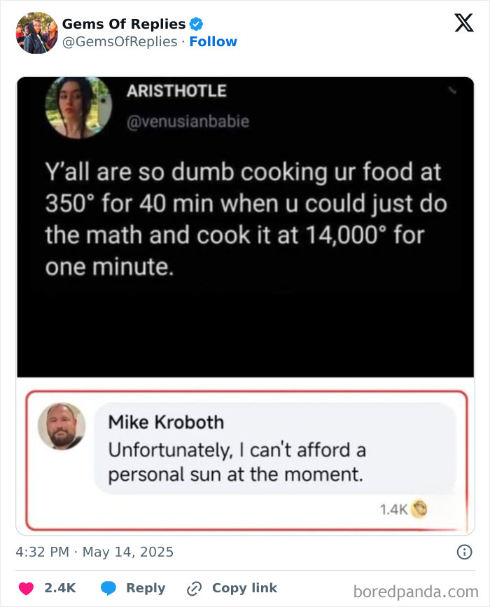 A viral tweet from ARISTHOTLE suggesting cooking food at 14,000° for one minute, with a funny comeback reply about not affording a personal sun.