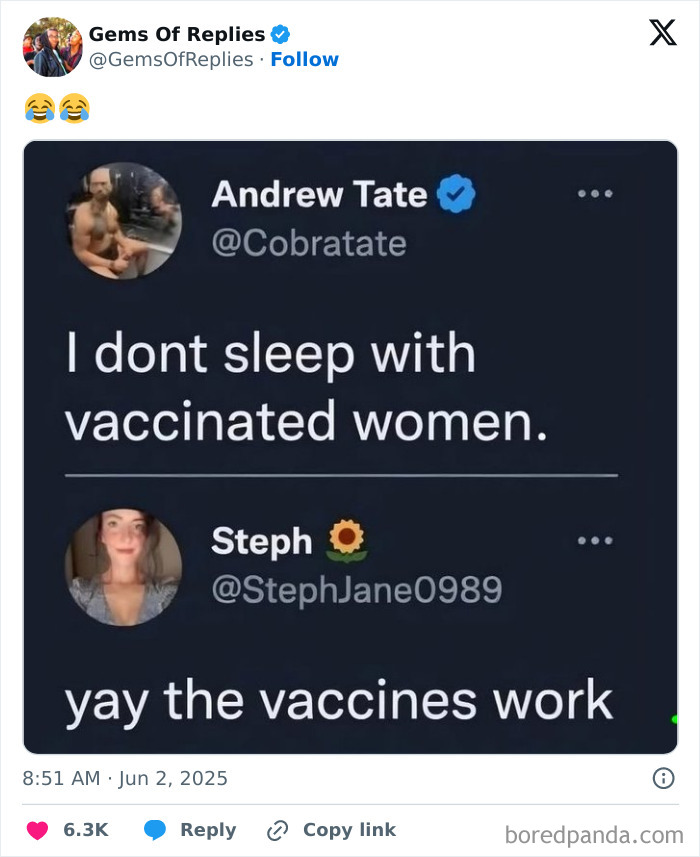 A tweet shows Andrew Tate saying "I don't sleep with vaccinated women," followed by Steph's comeback: "yay the vaccines work."