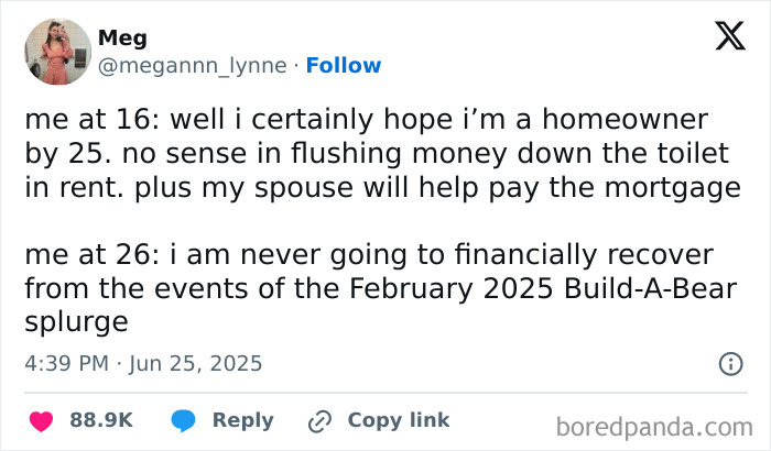 Humorous tweet about financial regrets and homeownership at different ages