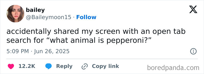 Funny fail tweet about accidentally sharing a tab searching what animal is pepperoni