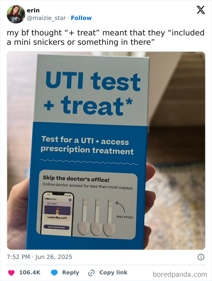 Humorous tweet with UTI test kit mistaken for a treat snack