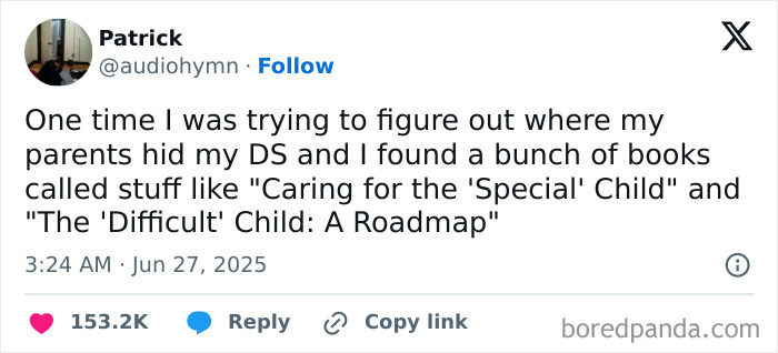 Tweet sharing a cringe moment discovering parents hiding parenting books