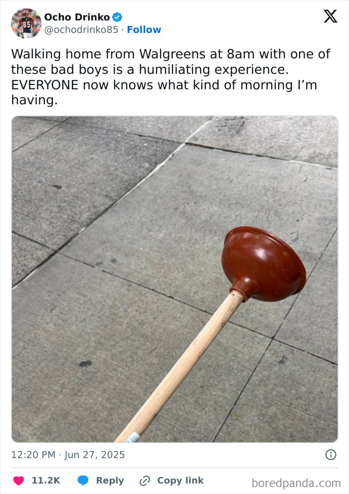 Cringe fail of a person walking with a plunger from Walgreens at 8am
