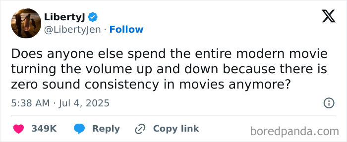 A cinephile tweet questioning modern movie sound consistency and why movie people are unhinged.