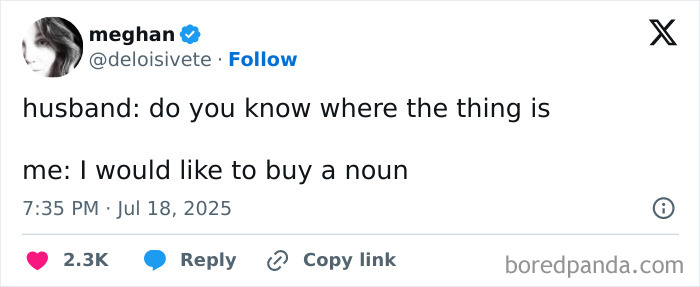 Tweet joking about confusion in married life with buying a noun