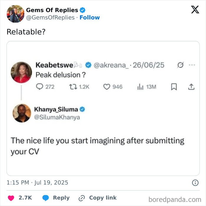 A tweet from Gems Of Replies asks "Relatable?", showing a funny comeback about imagining a nice life after submitting a CV.