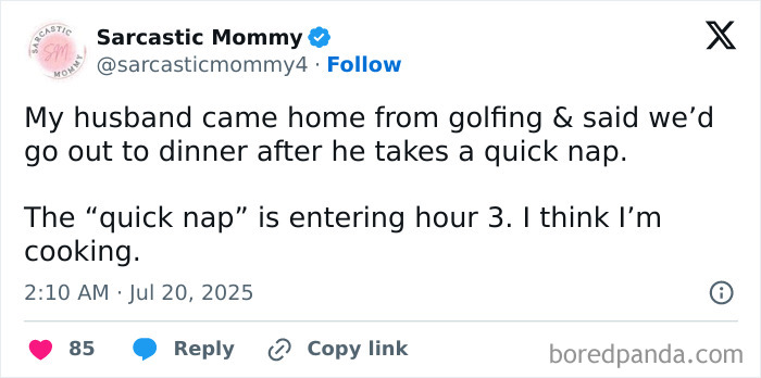 Funny tweet about husband taking a long nap before dinner in married life